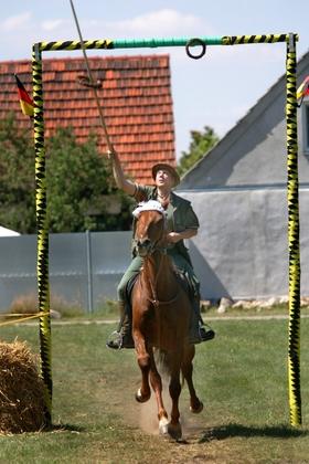 kranzreiten2008.jpg - Wildenau, 2. Kranzreiten zum Dorffest 2008; René Amarell aus Schmalkalden (Thür.) gewinnt das Kranzreiten auf "Columbus".Foto: Christian Nitsche